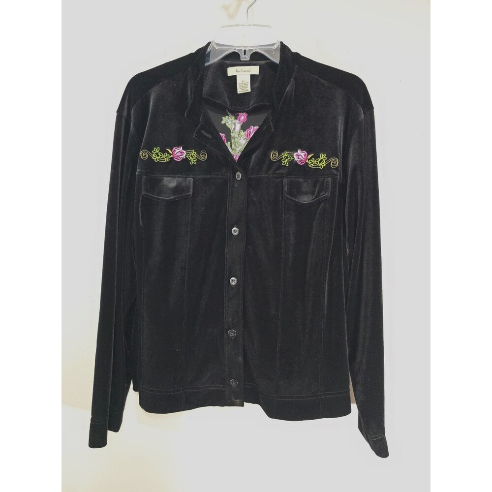 Vintage Bechamel Black Velvet Embroidered Rose Shirt Shacket Size XL Whimsigoth